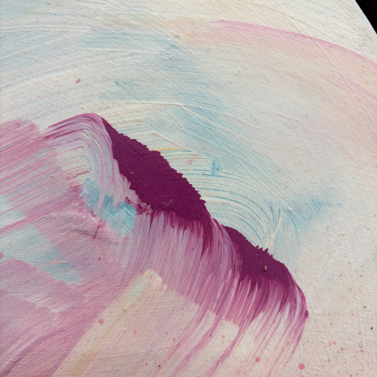 The Power Of One“ by Kate Mayer: Pastel abstract painting with magenta, in a handmade metal float frame.