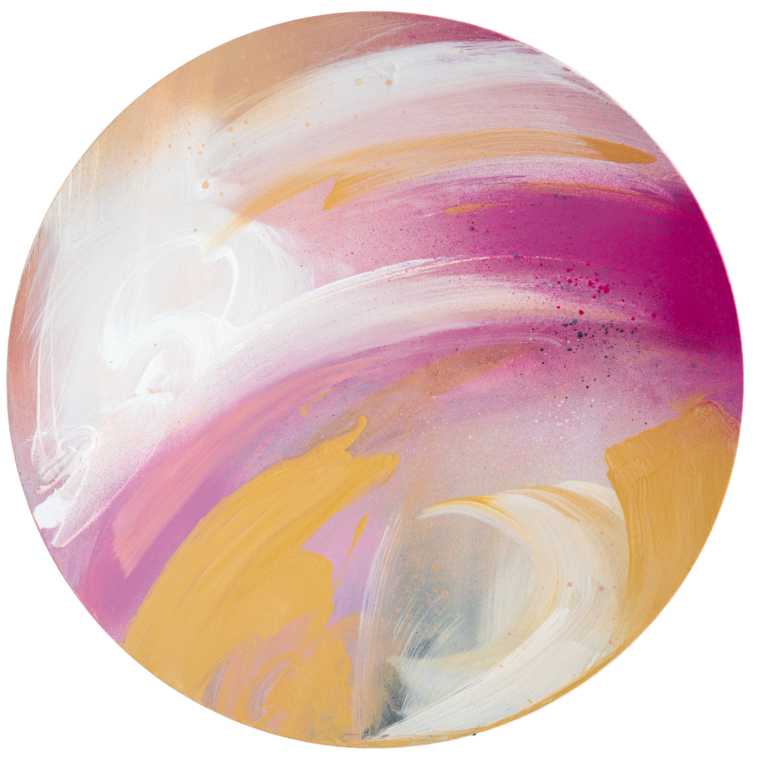 Love’s In Need Of Love Today“ by Kate Mayer: abstract acrylic on plywood with pink, gold & white swirls on white.