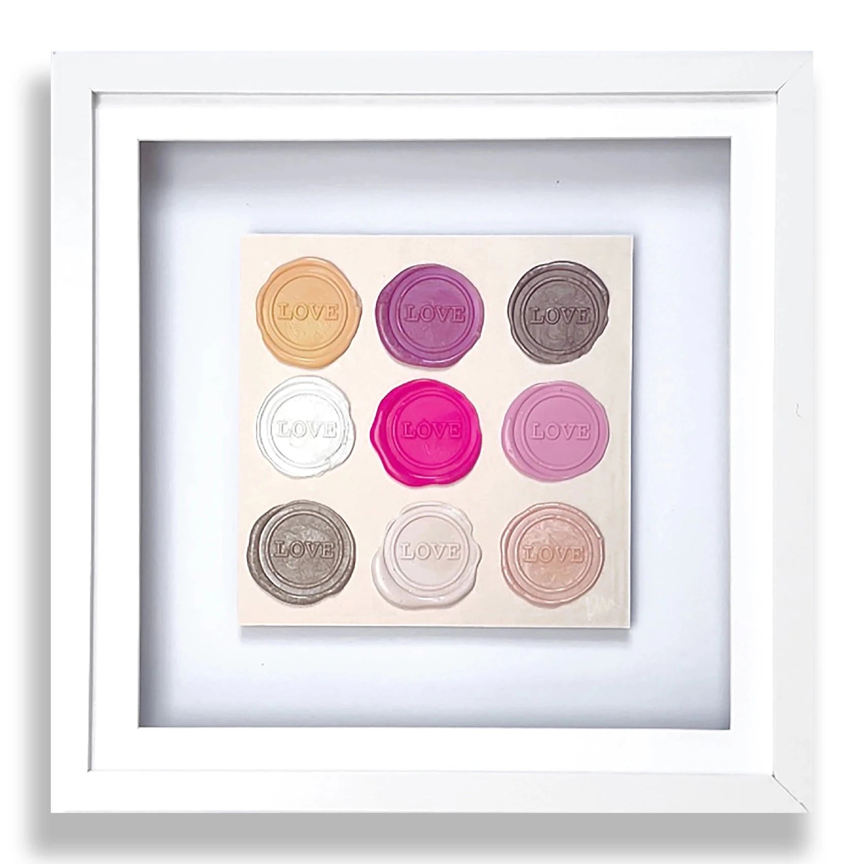 The "Sealed Intention - Love is Love" by Kate Mayer is a framed original piece featuring nine vibrant circles, each embellished with the word "LOVE" in various fonts and accented by custom wax seals. Signed by the artist, this artwork showcases a distinctive fusion of creativity and craftsmanship.