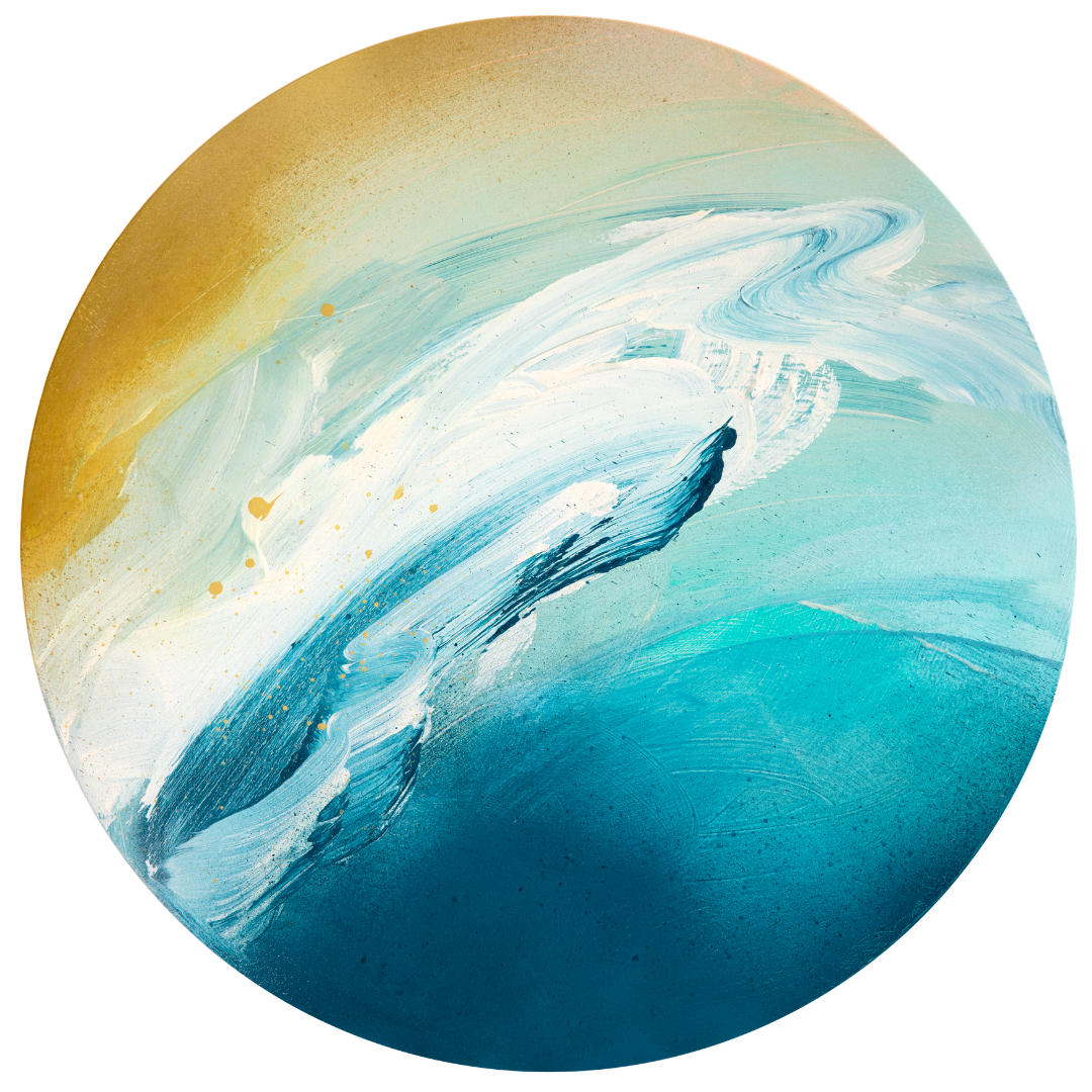 As“ by Kate Mayer: circular abstract acrylic on plywood with swirling blue, teal, and gold, evoking ocean waves.