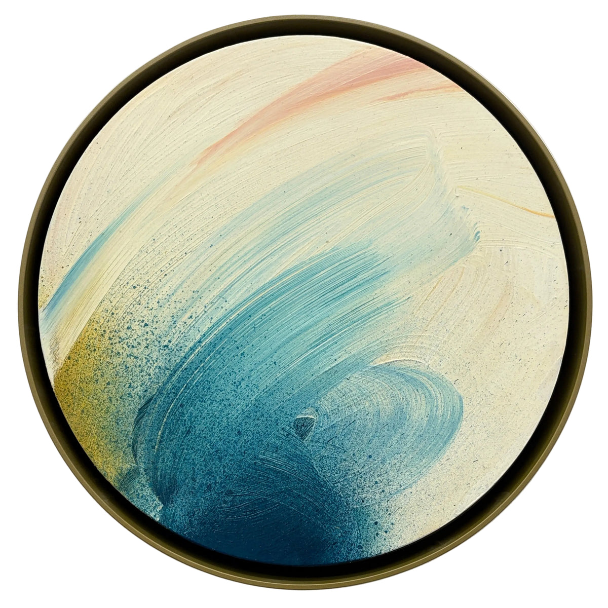 Round abstract wall art with a metal frame, featuring blue, teal, cream, and soft peach brushstrokes on a white background.