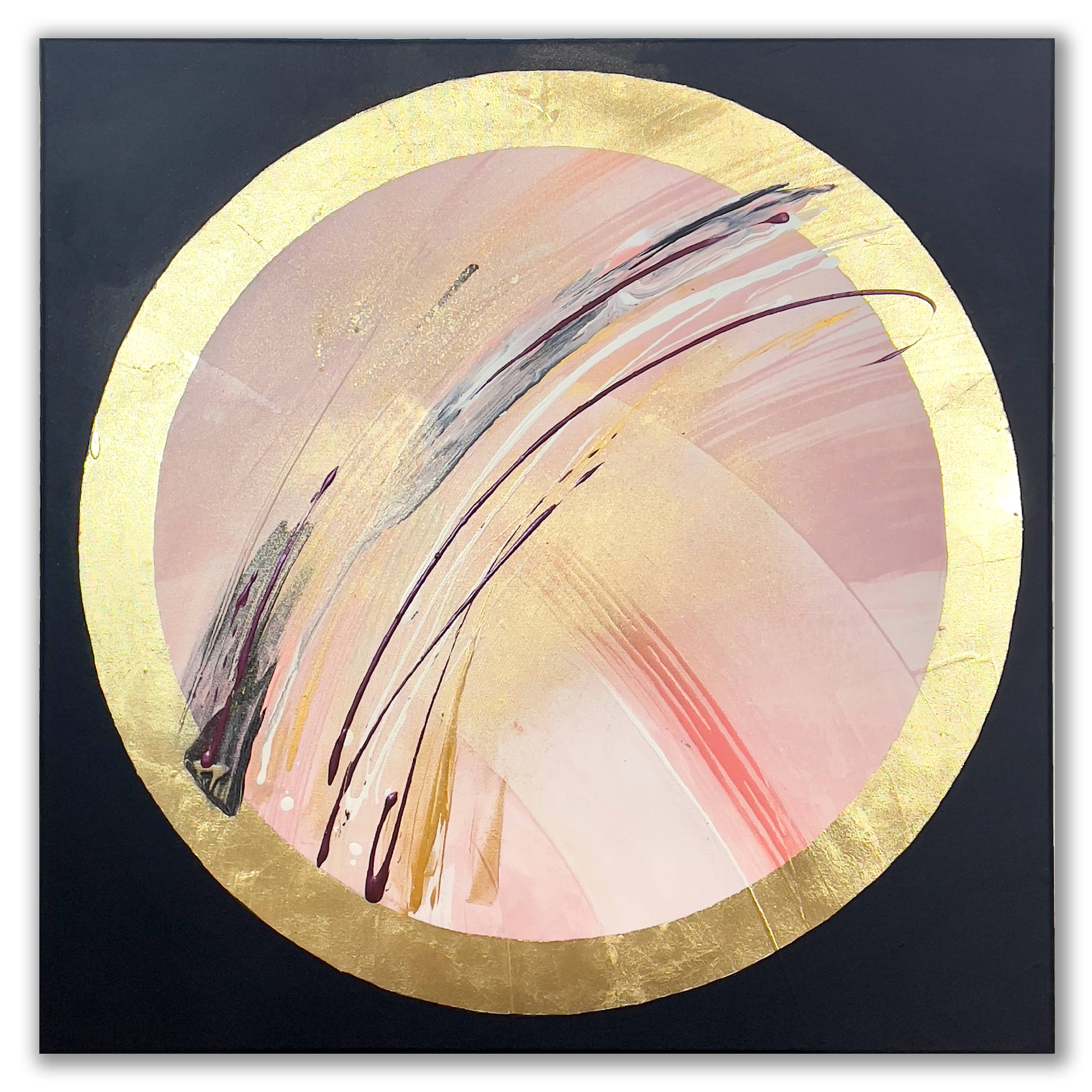 The "Fly with Me" by Kate Mayer is a stunning abstract painting featuring a circle adorned with gold and pink paint, crafted using acrylic and gold leaf.