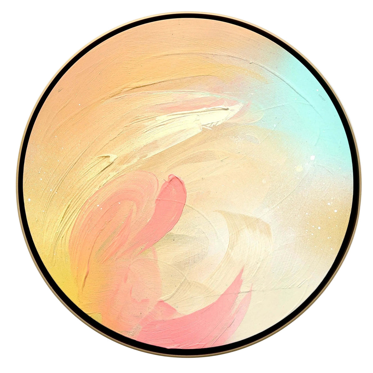 “Hold On Change Is Coming” by Kate Mayer: a circular pastel abstract in a handmade metal float frame.