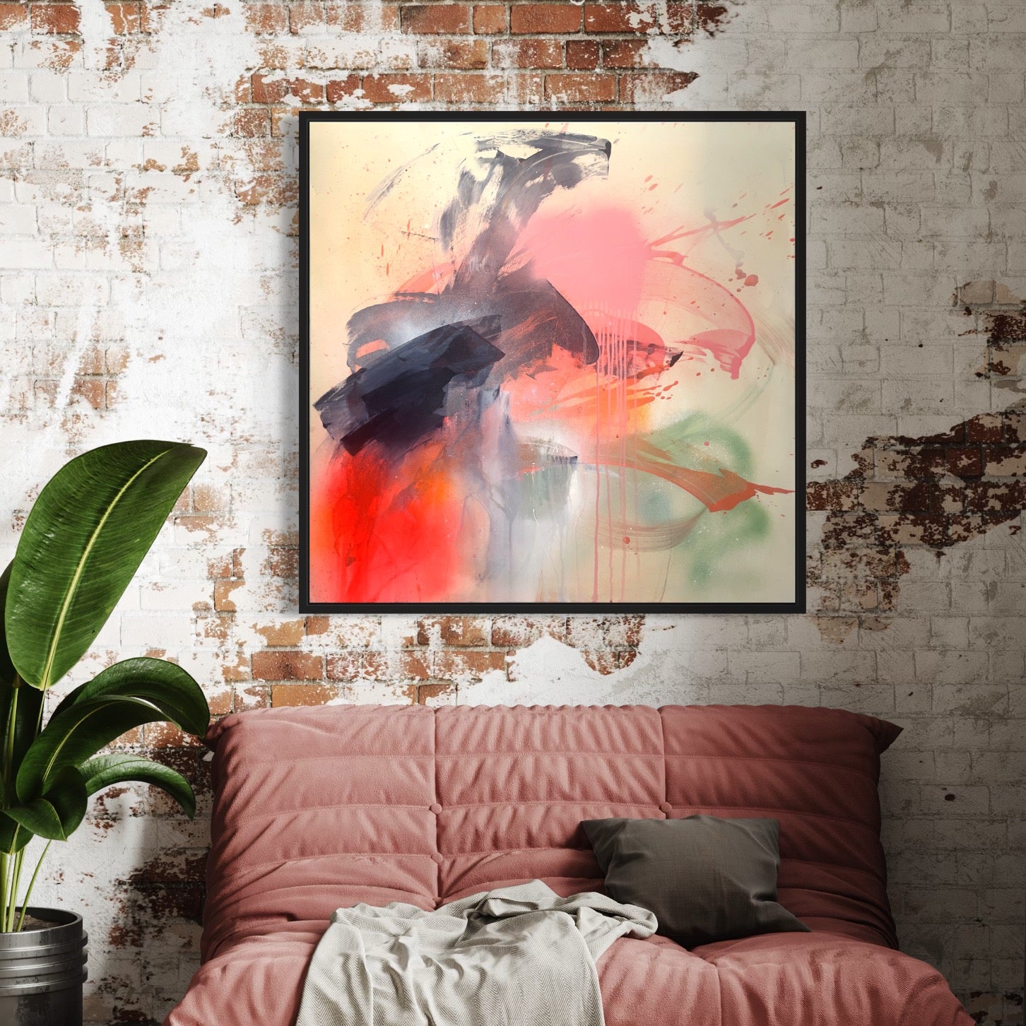 A cozy room showcases Kate Mayer's "Fire And Ice" original painting on a brick wall, accompanied by a pink quilted bed and a potted plant to the side.