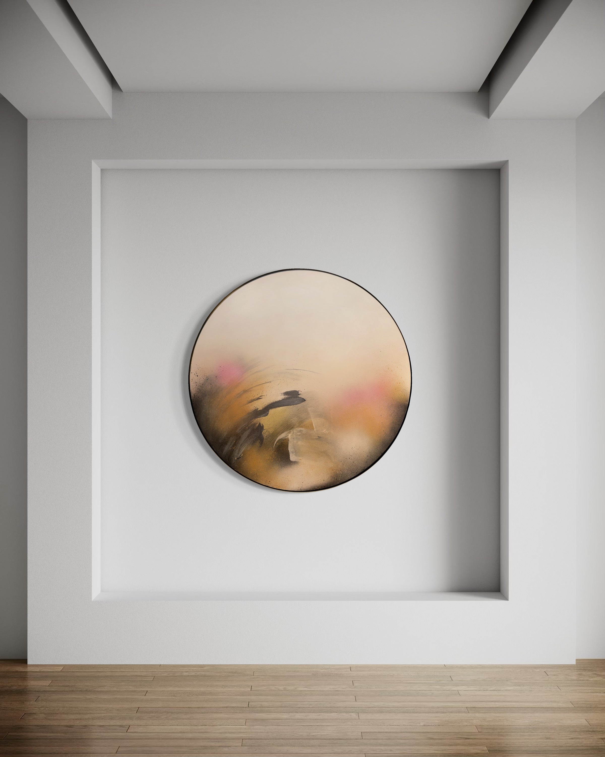Minimalist room with "Bloodflow" by Kate Mayer, a circular plywood panel with soft beige, black, and pink acrylic art.