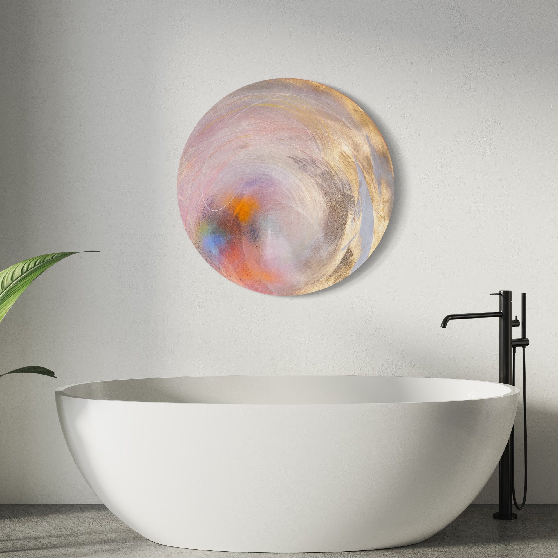 A modern bathroom showcasing a white oval bathtub, a sleek black faucet, and the vibrant circular artwork "Believe In Me" by Kate Mayer on the wall, adorned with Diamond Dust.