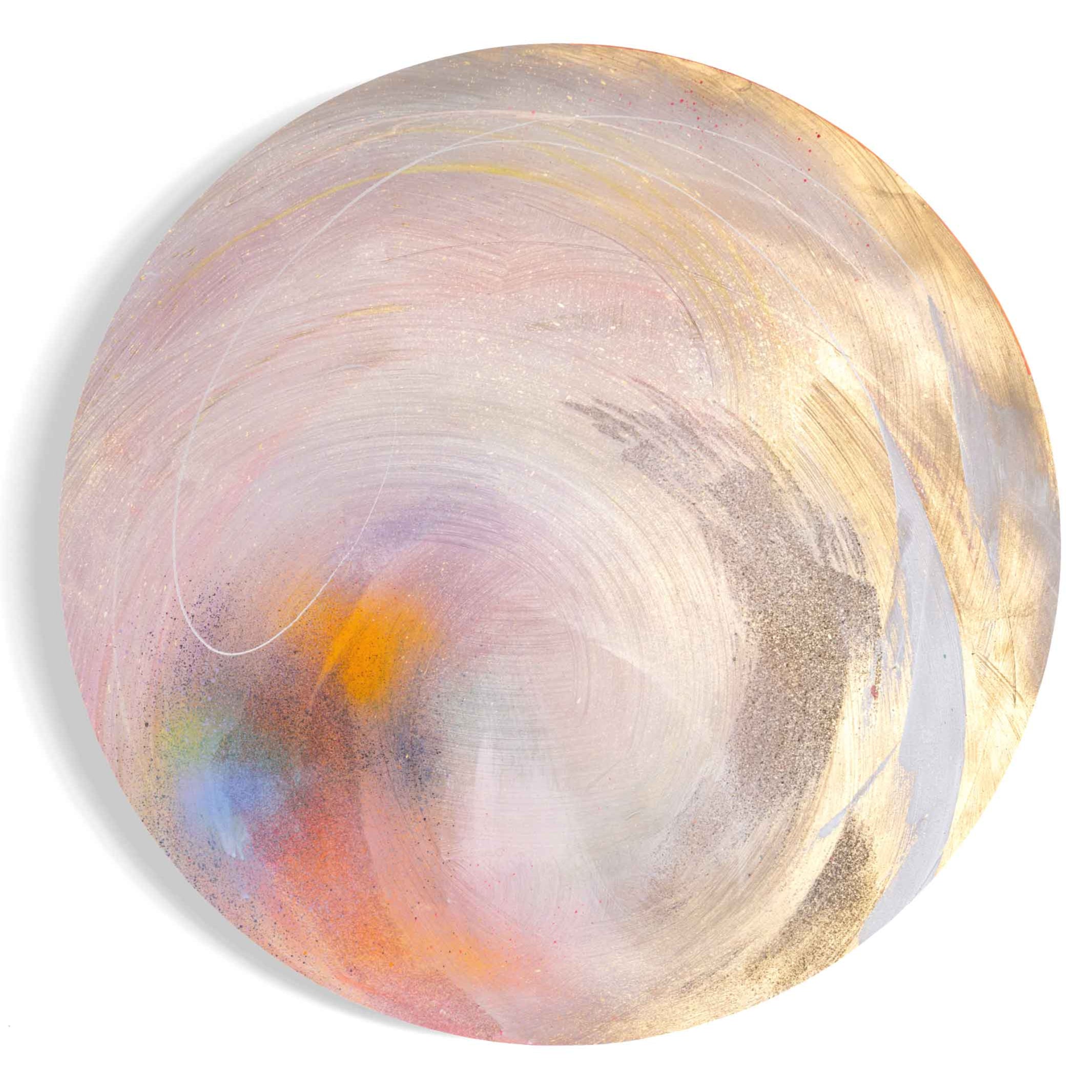 Experience the celestial and ethereal allure of *Believe In Me - Original Painting* by Kate Mayer, featuring abstract circular designs infused with swirling pastel colors and shimmering gold accents, elevated with Diamond Dust.