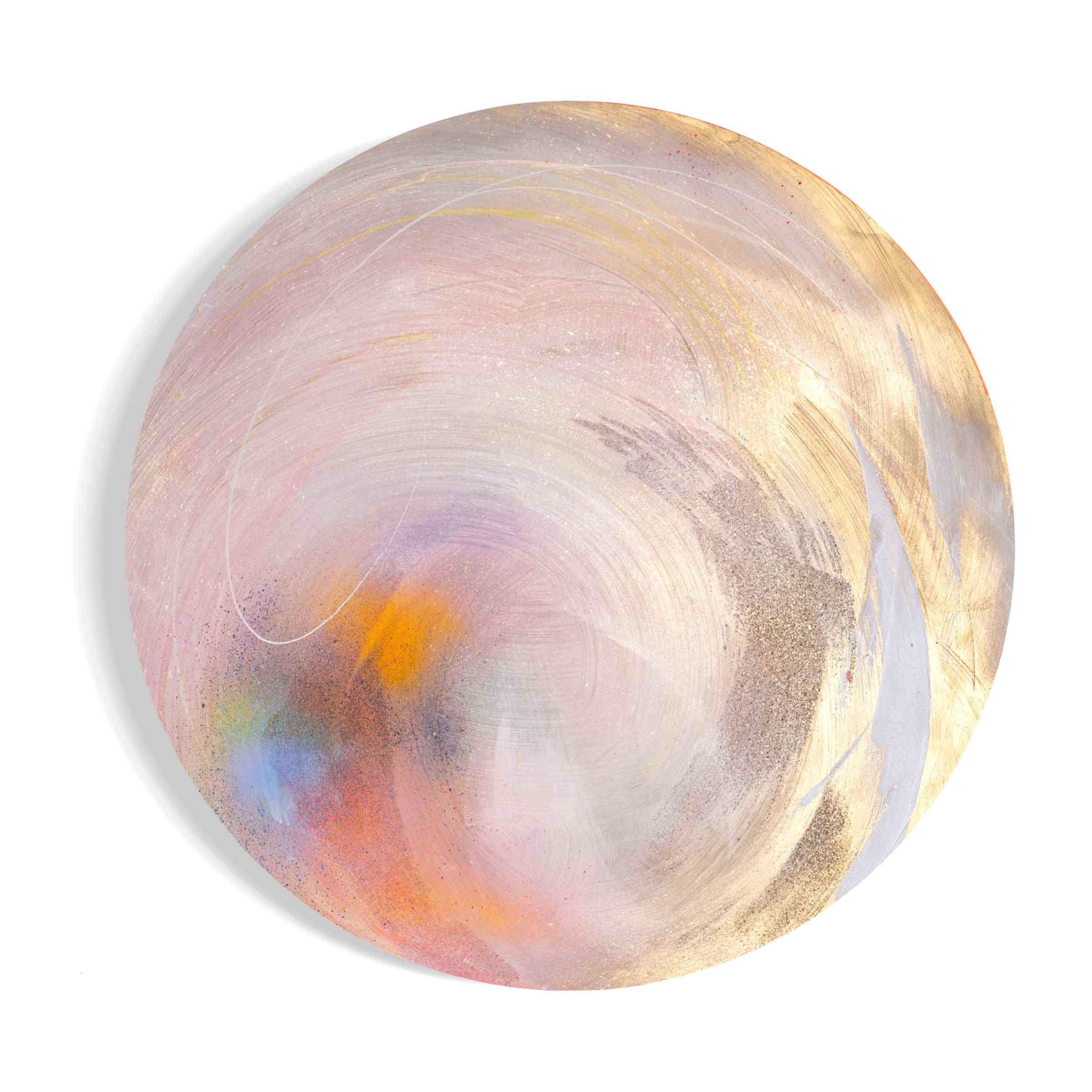 Experience the celestial and ethereal allure of *Believe In Me - Original Painting* by Kate Mayer, featuring abstract circular designs infused with swirling pastel colors and shimmering gold accents, elevated with Diamond Dust.