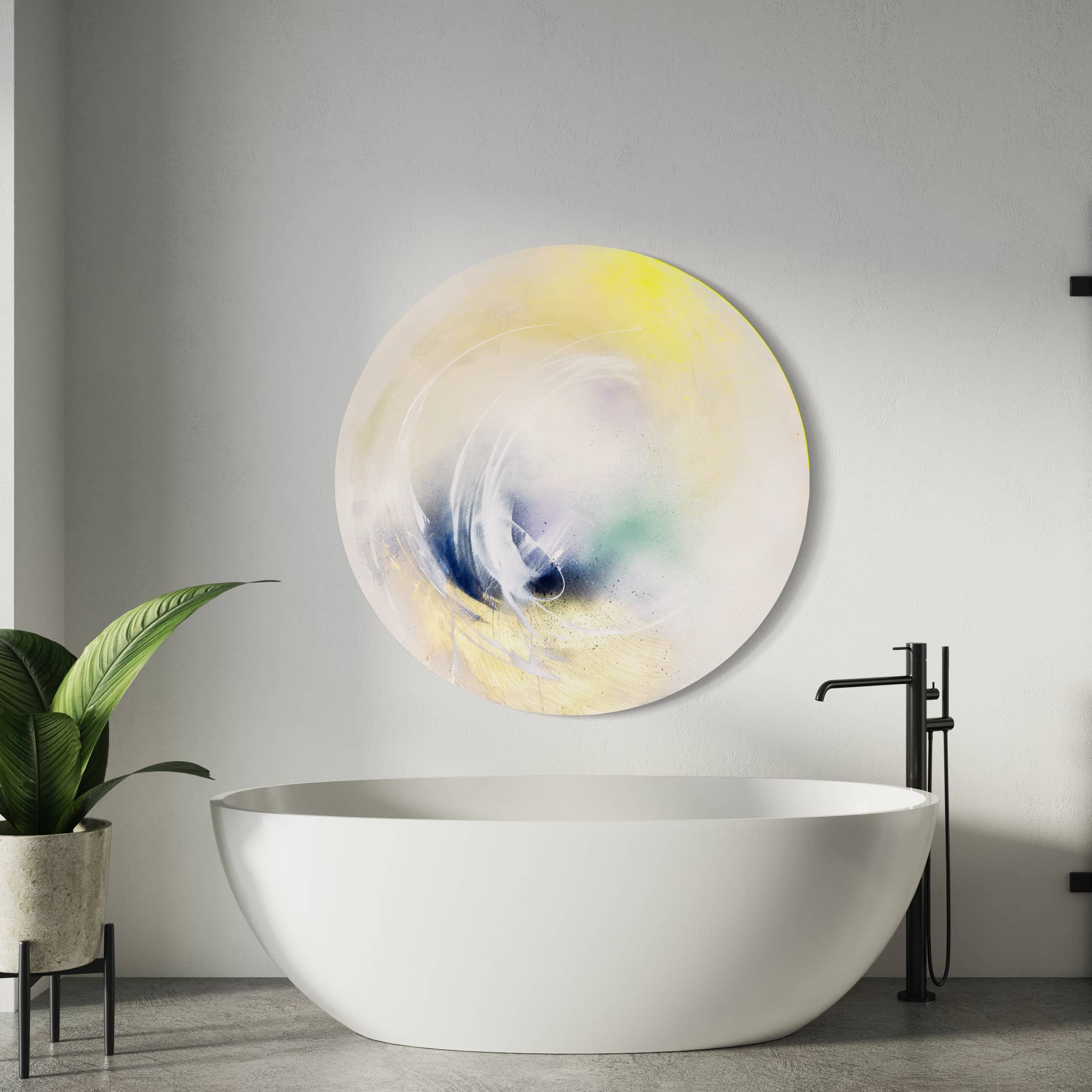 A modern bathroom showcases "Let's Make This Moment Last," an original painting by Kate Mayer, positioned above a white tub and enhanced by a black faucet and a potted plant.