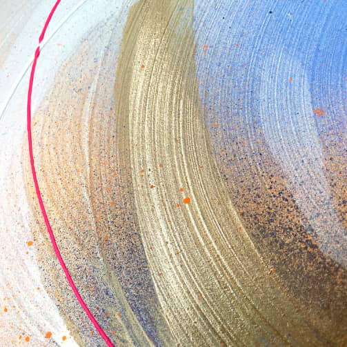 Introducing "Be Joy," an abstract masterpiece by renowned artist Kate Mayer. This captivating artwork showcases a dynamic blend of swirling colors, including specks of gold, blue, and orange. A striking pink curve on the left adds boldness to the piece, crafted meticulously using acrylic and spray paint for a vibrant finish.