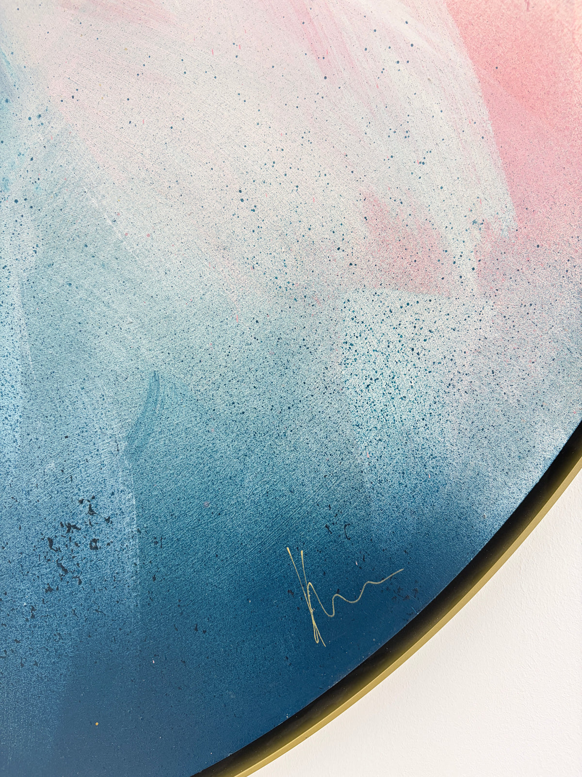 Total Praise“ by Kate Mayer: abstract blue, pink & white gradients, handmade metal float frame, signed in gold.