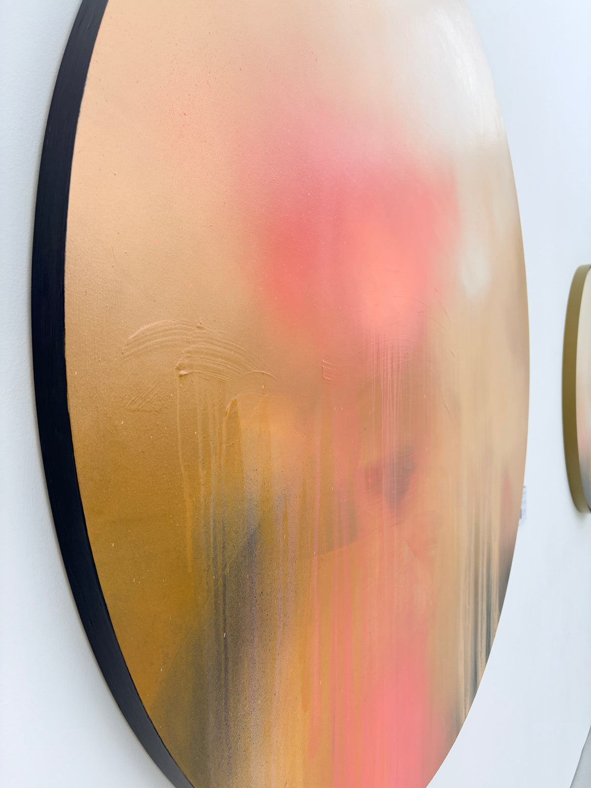 The Afterglow of Awe by Kate Mayer—abstract gold, pink & orange art in a handmade metal float frame with gentle drips.