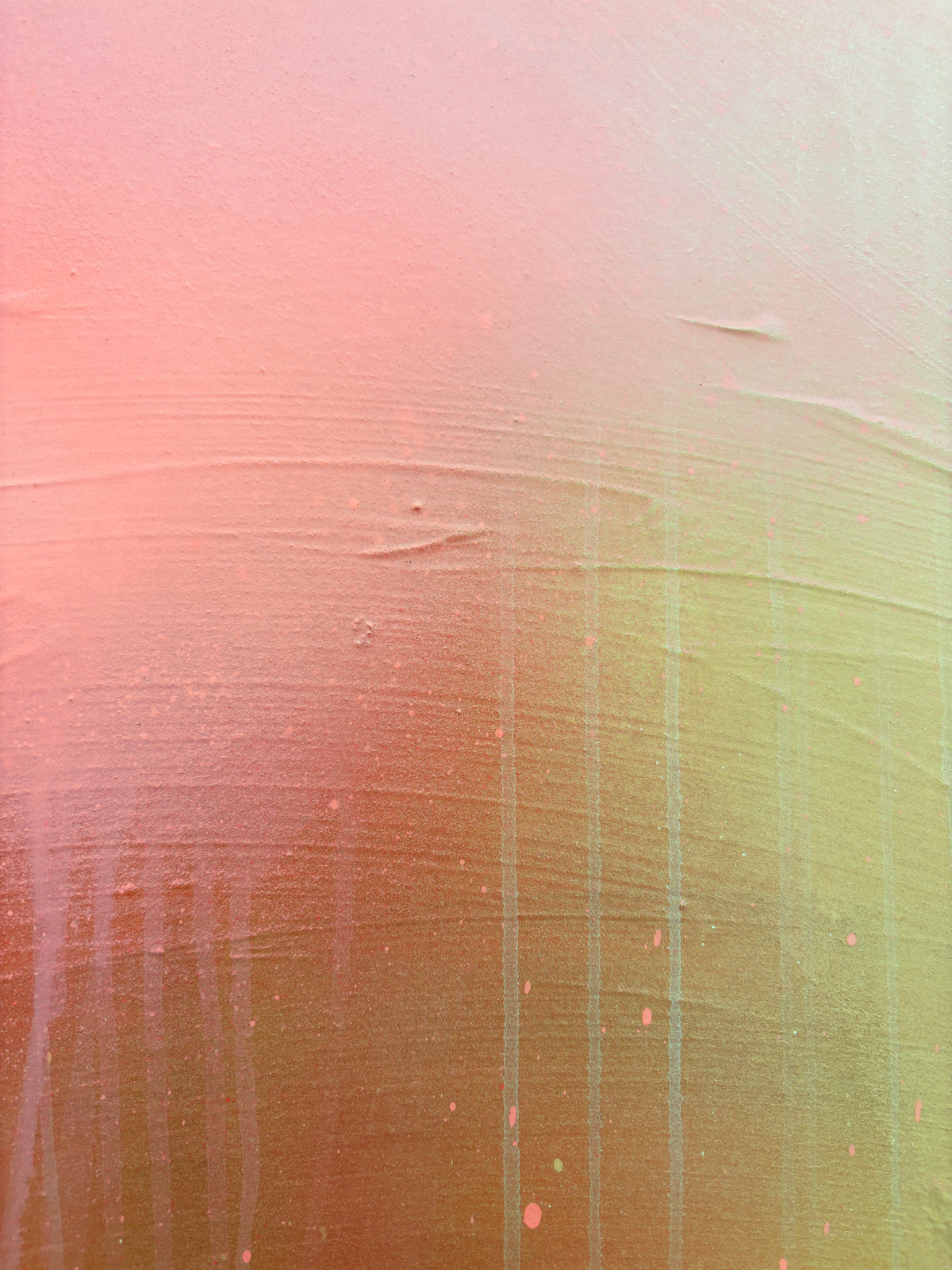 The Afterglow of Awe by Kate Mayer: acrylic on plywood, pink/peach/green gradients, in handmade metal float frame.