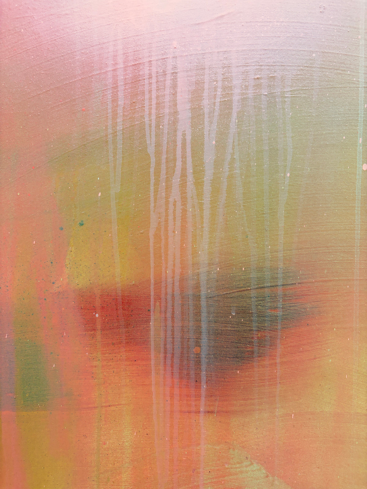 The Afterglow of Awe by Kate Mayer: pastel acrylic on plywood with white drips and a handmade metal float frame.