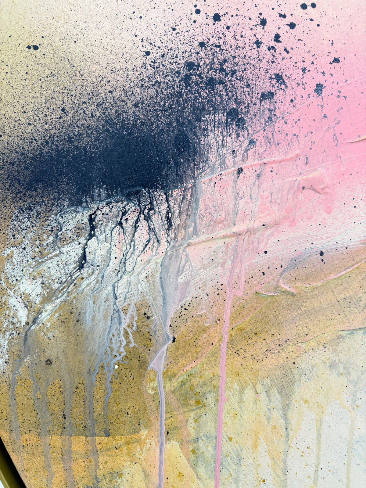 Shadows by Kate Mayer features black, pink, and yellow acrylic abstractly blended on textured plywood.