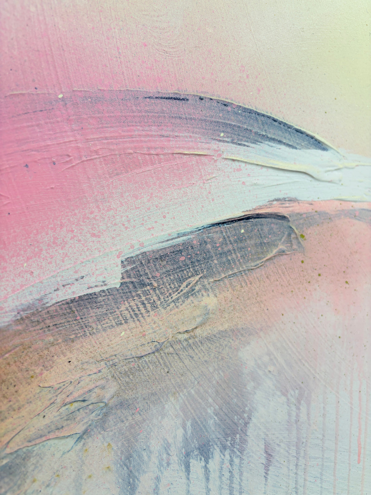 Shadows“ by Kate Mayer: Pink, white & gray acrylic on plywood in handmade metal float frame.
