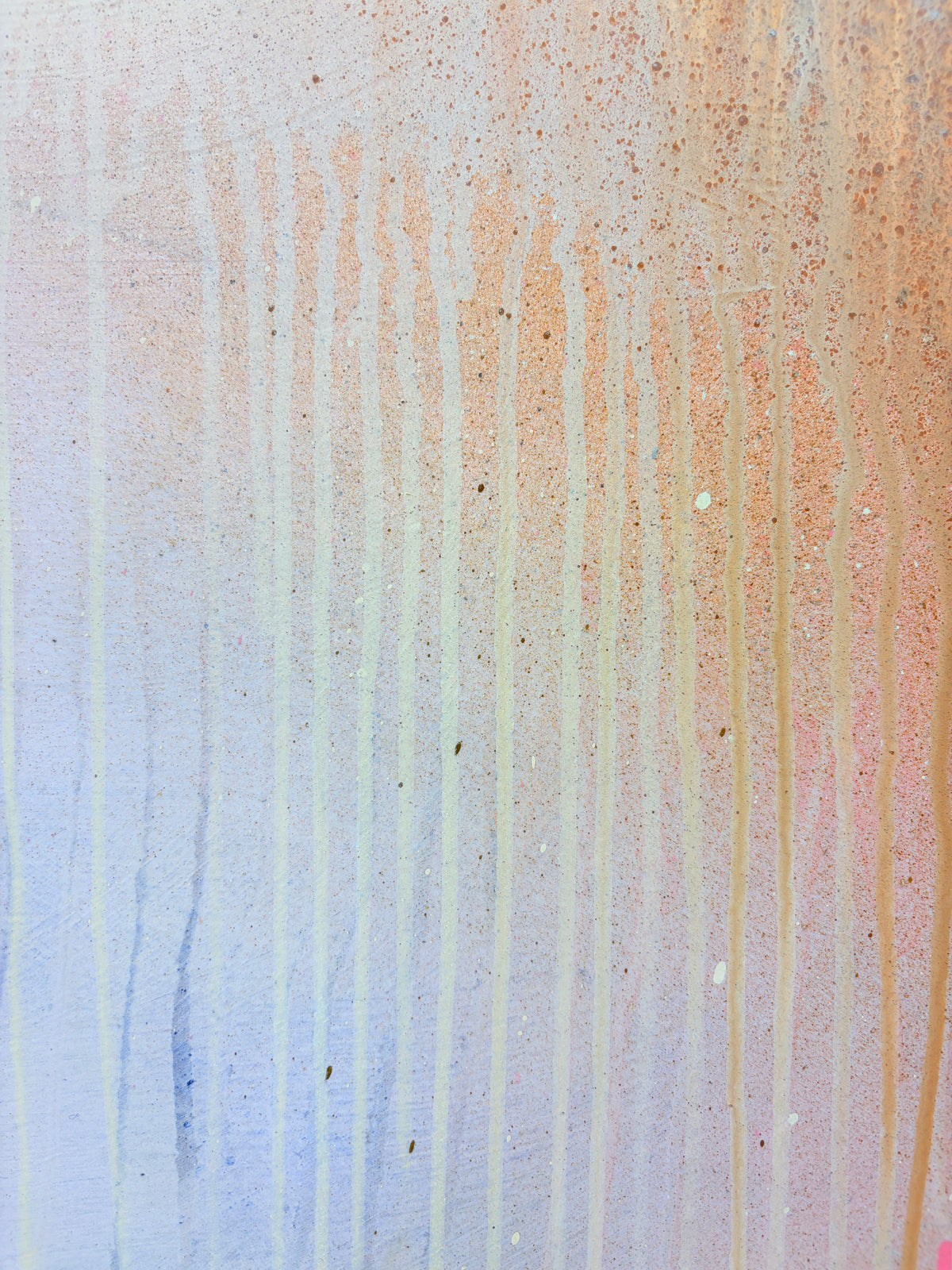 Shadows“ by Kate Mayer: Acrylic on plywood, featuring pastel vertical drips over textured surfaces.