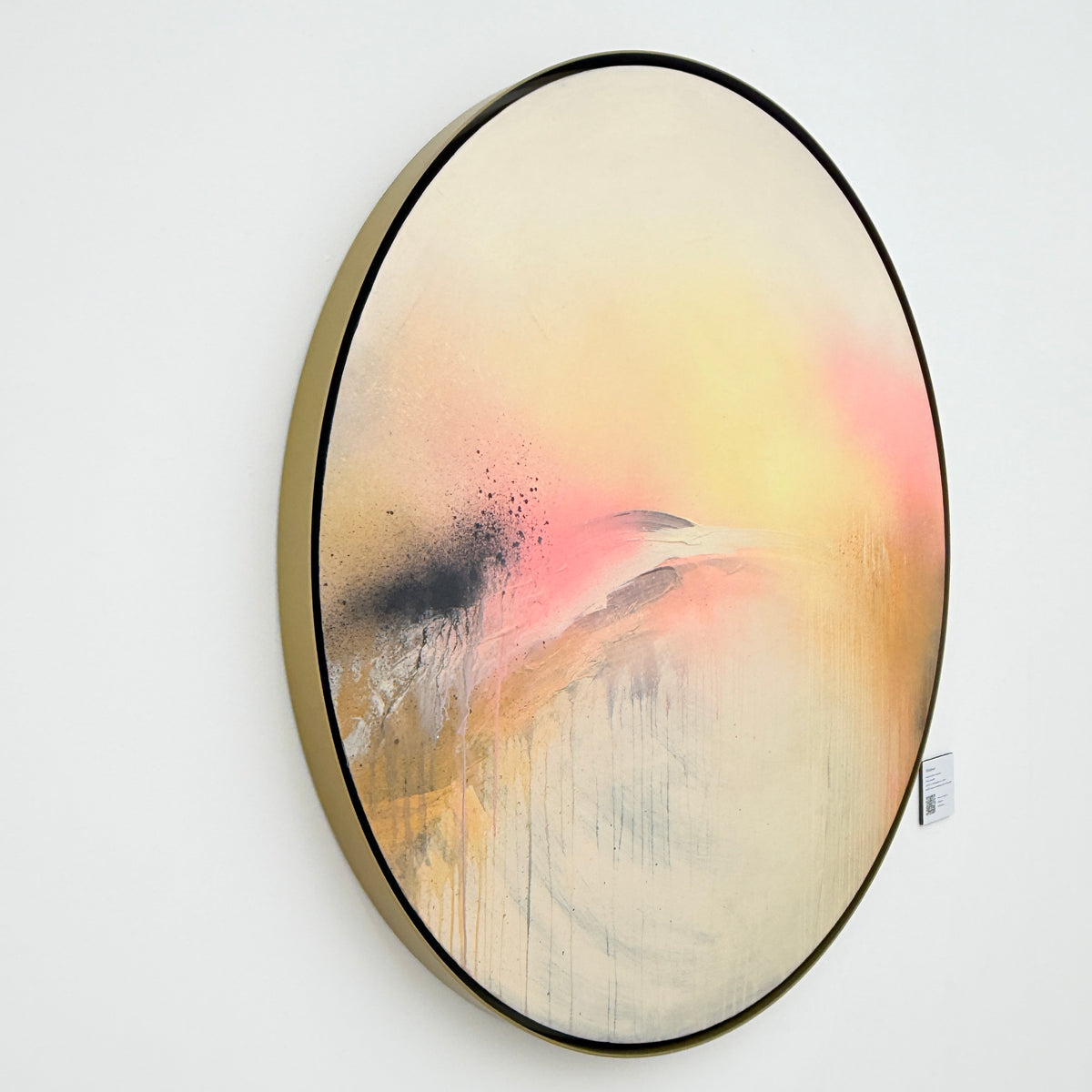 Shadows“ by Kate Mayer: Oval acrylic on plywood in soft pastels/black, with handmade metal float frame.