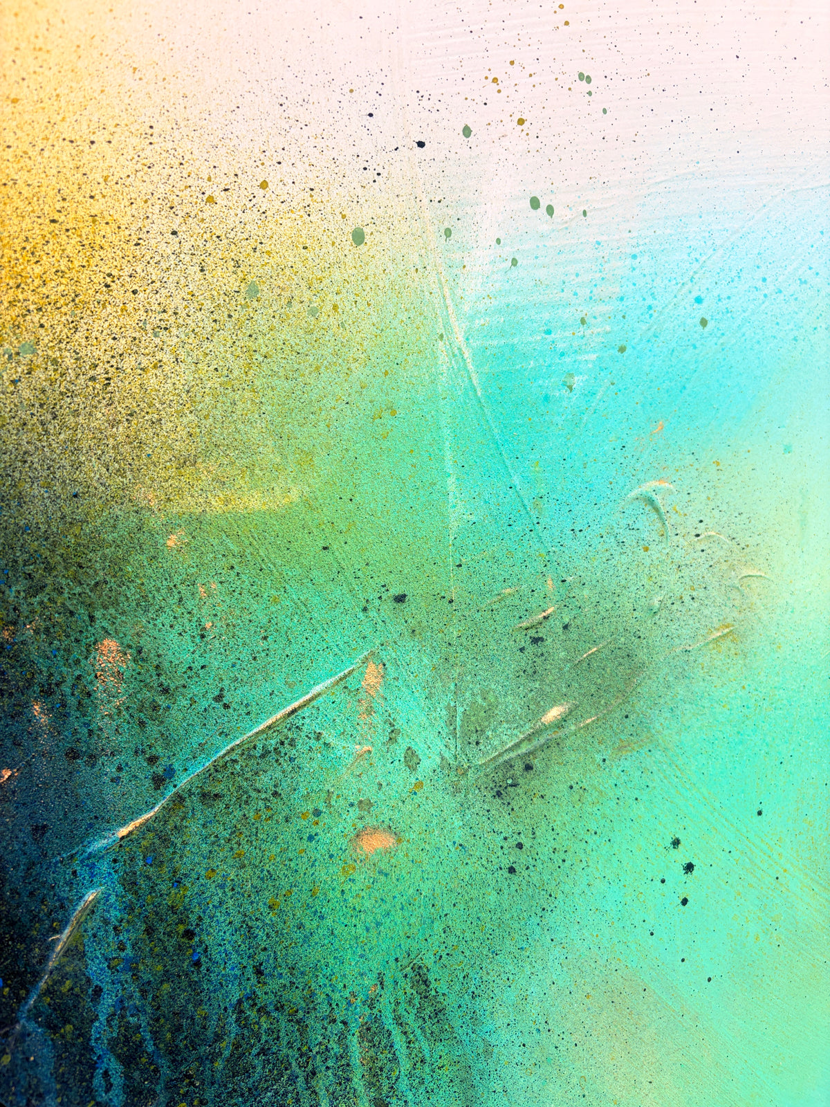 The Afterglow of Stillness by Kate Mayer: teal, yellow & white acrylic on plywood with splashes & textured strokes.