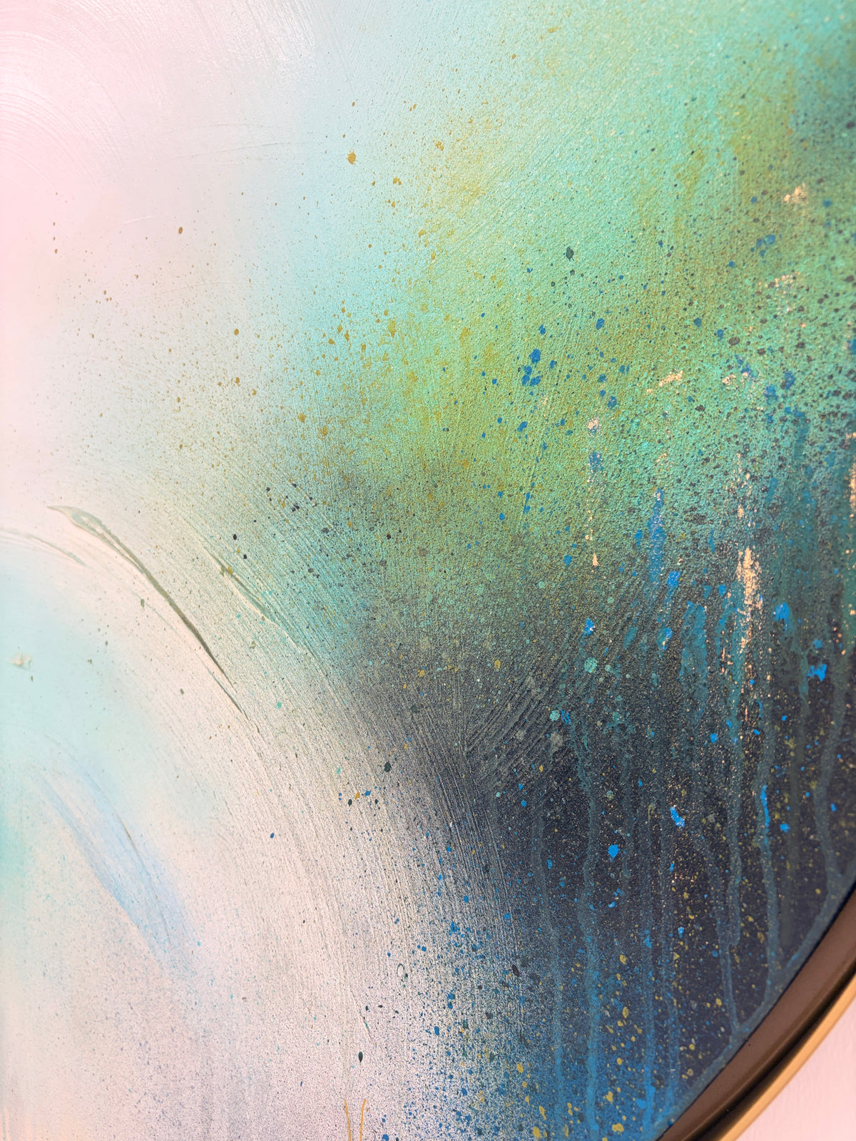 The Afterglow of Stillness by Kate Mayer—acrylic on plywood, featuring pastel blends and blue-yellow splatters.