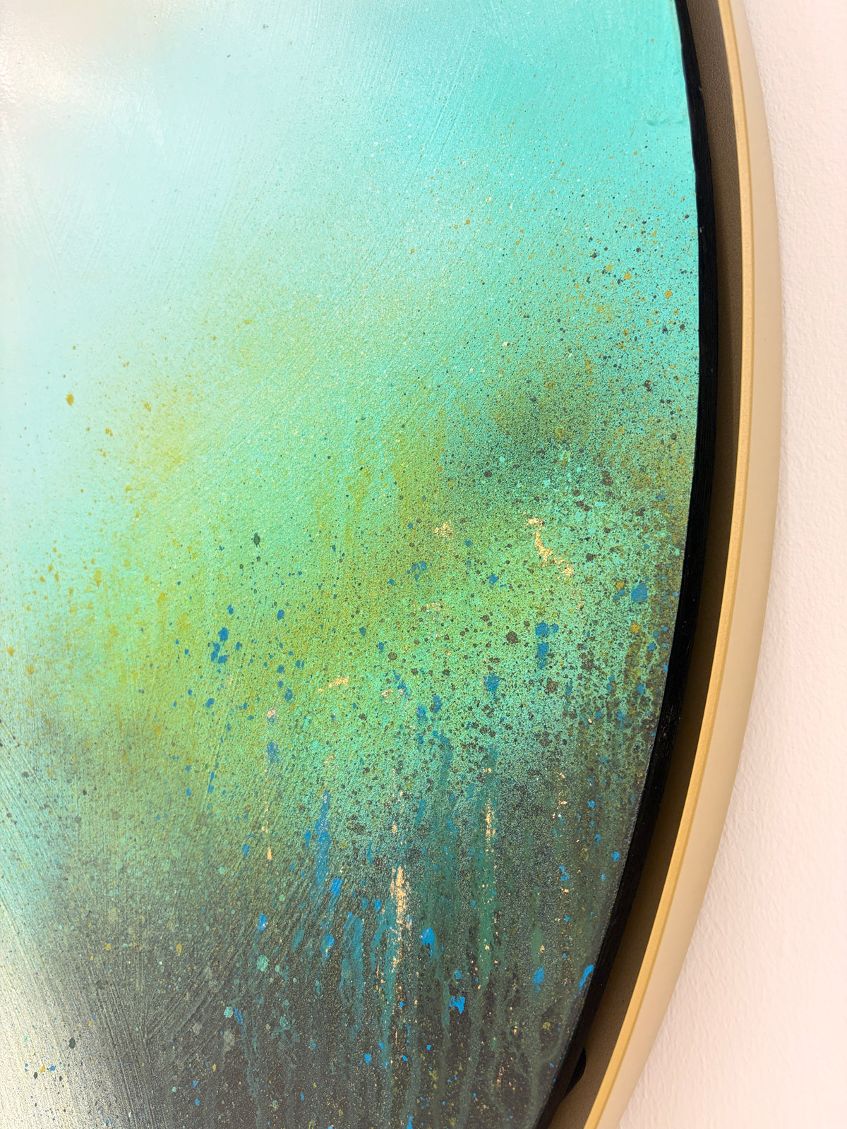 The Afterglow of Stillness by Kate Mayer: acrylic on plywood in aqua, yellow, green, blue & gold; right beige frame.