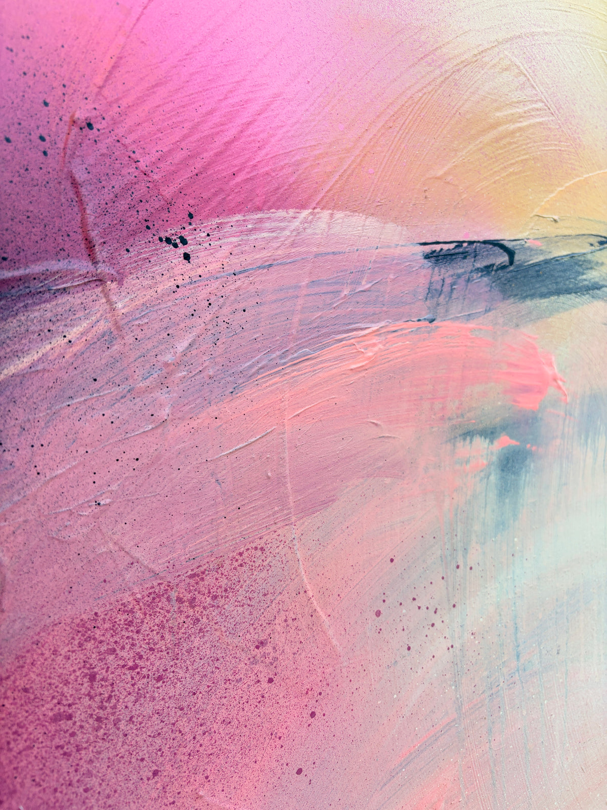 Unfinished Sympathy“ by Kate Mayer: acrylic on plywood, pink/purple/yellow hues, handmade metal float frame.
