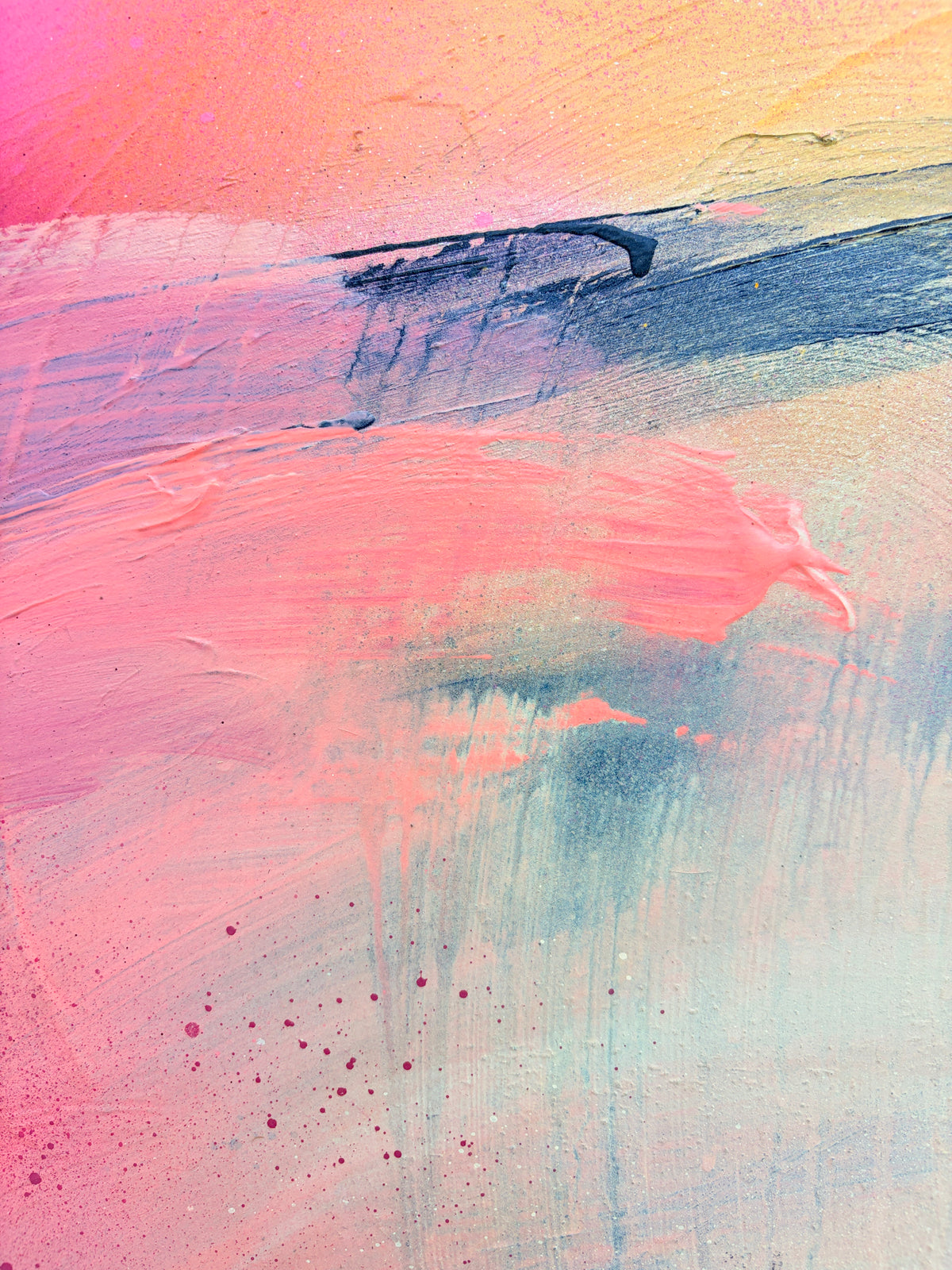 Unfinished Sympathy“ by Kate Mayer features dreamy pink, blue, and yellow splatters in a handmade metal float frame.