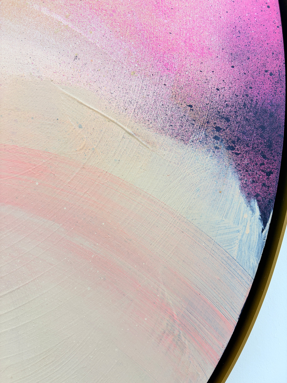 Unfinished Sympathy“ by Kate Mayer: Pink, cream & purple acrylic on plywood in a handmade metal float frame.