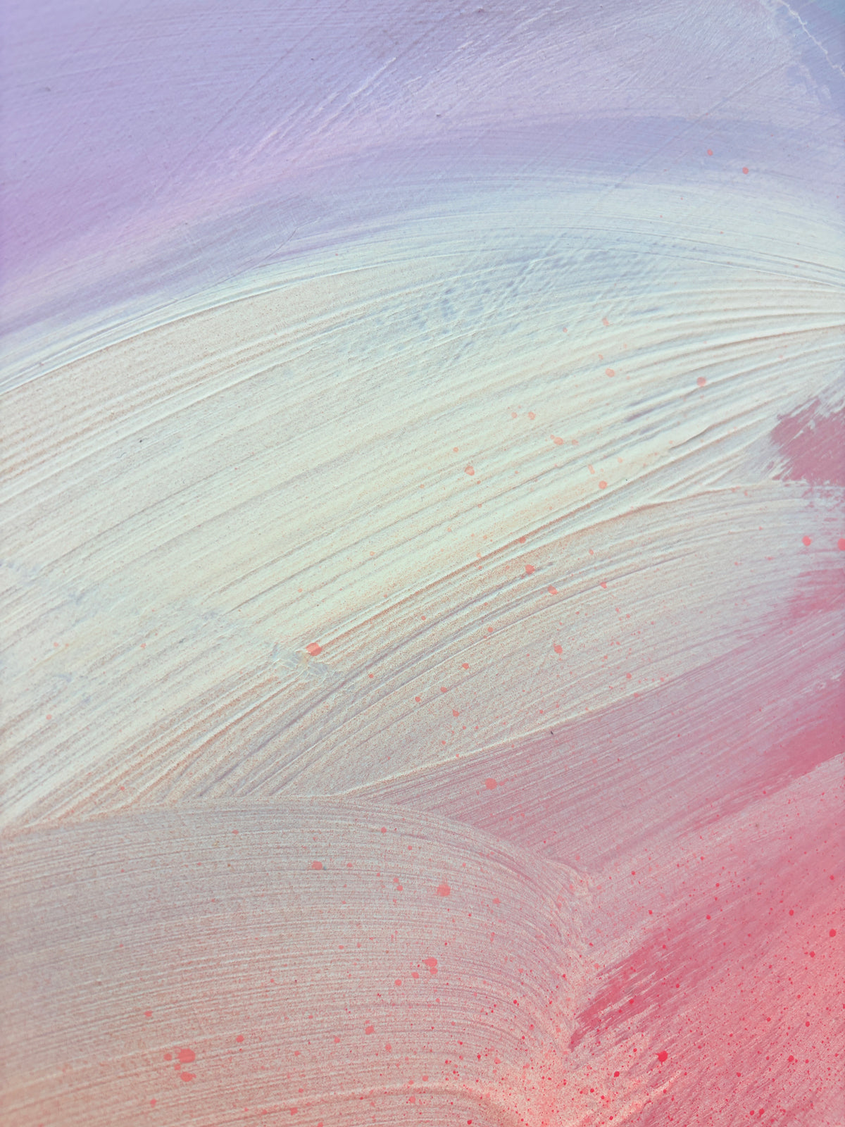 For Every Mountain by Kate Mayer: pastel pink, purple & white acrylic on plywood with subtle splatters.