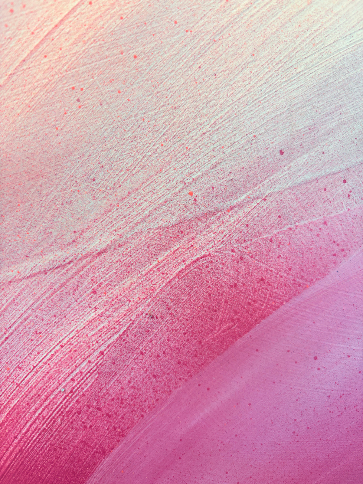 For Every Mountain“ by Kate Mayer features diagonal pink and white acrylic brushstrokes on plywood.