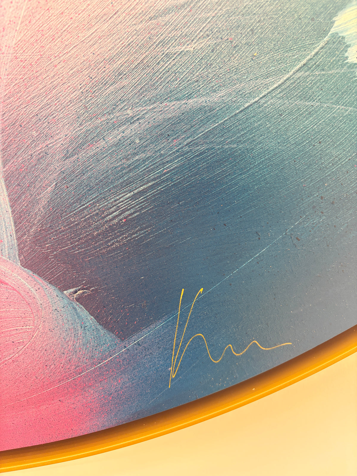 For Every Mountain by Kate Mayer: pastel abstract on acrylic/plywood with yellow squiggle, handmade metal frame.