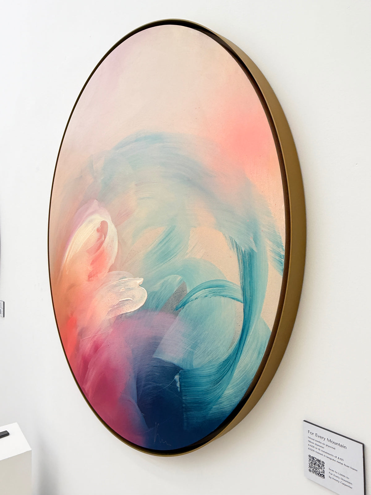 For Every Mountain“ by Kate Mayer: oval pastel acrylic on plywood in handmade metal frame, displayed wall art.
