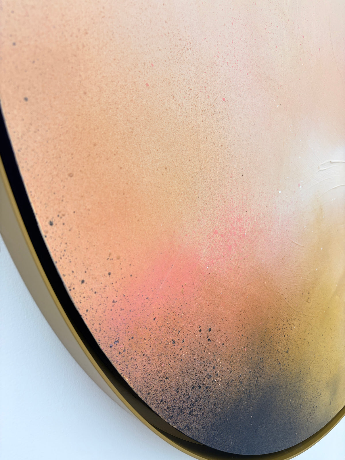 Close-up of “Friend” by Kate Mayer, acrylic on plywood in soft hues, set in a handmade metal float frame.