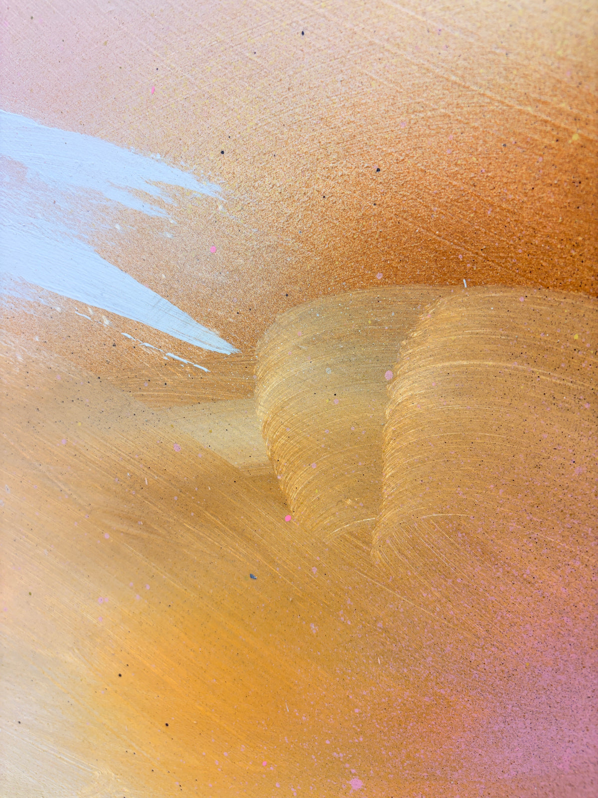 Friend“ by Kate Mayer: Abstract acrylic on plywood with golden, orange & pink swirls, handmade metal float frame.