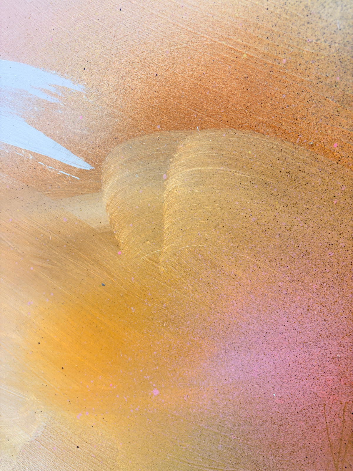 Friend“ by Kate Mayer: gold, orange & pink acrylic abstract on plywood with white streak, metal frame.