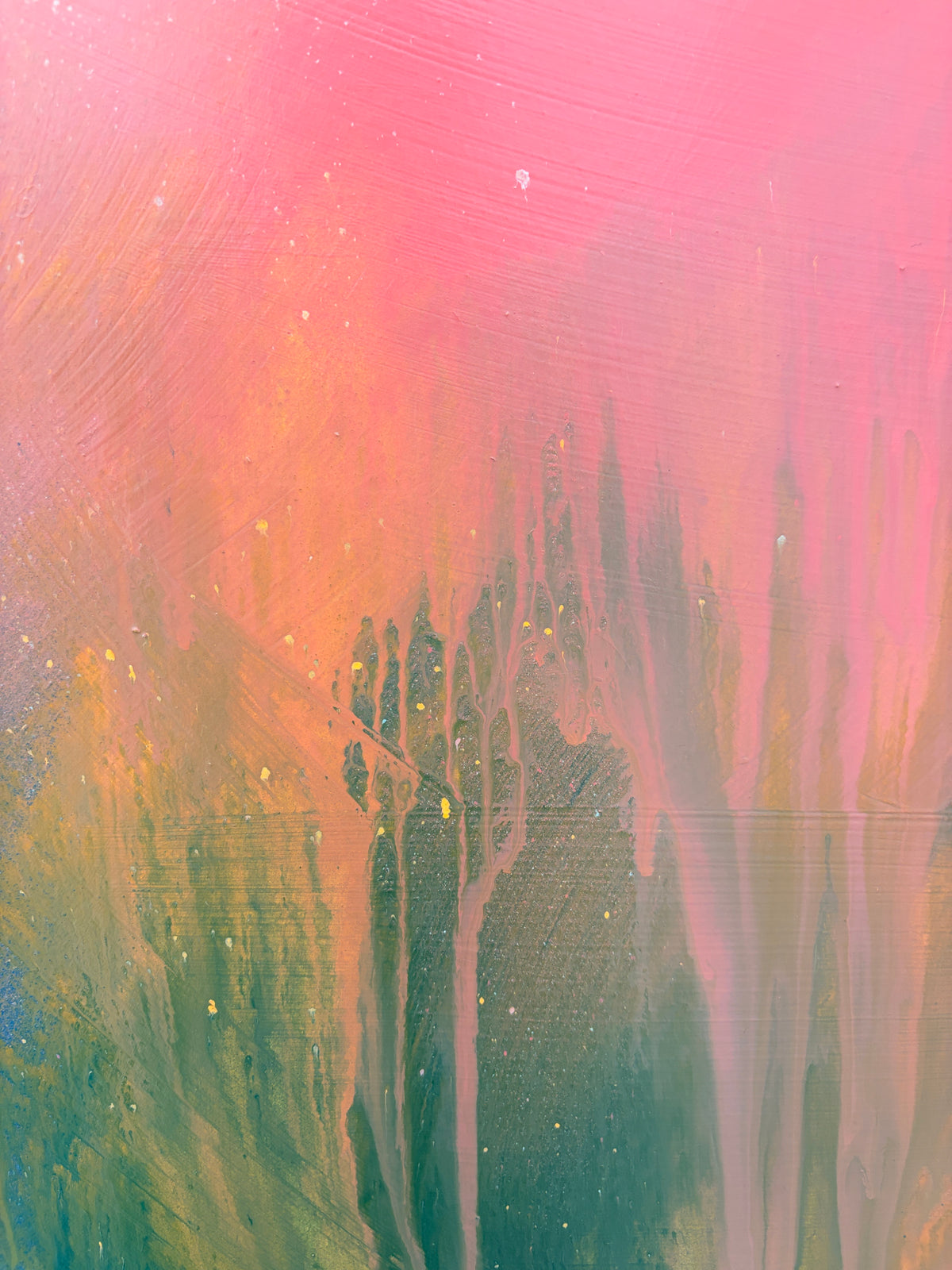 Count Your Blessings“ by Kate Mayer: acrylic on plywood in pink, orange & green, with handmade metal float frame.