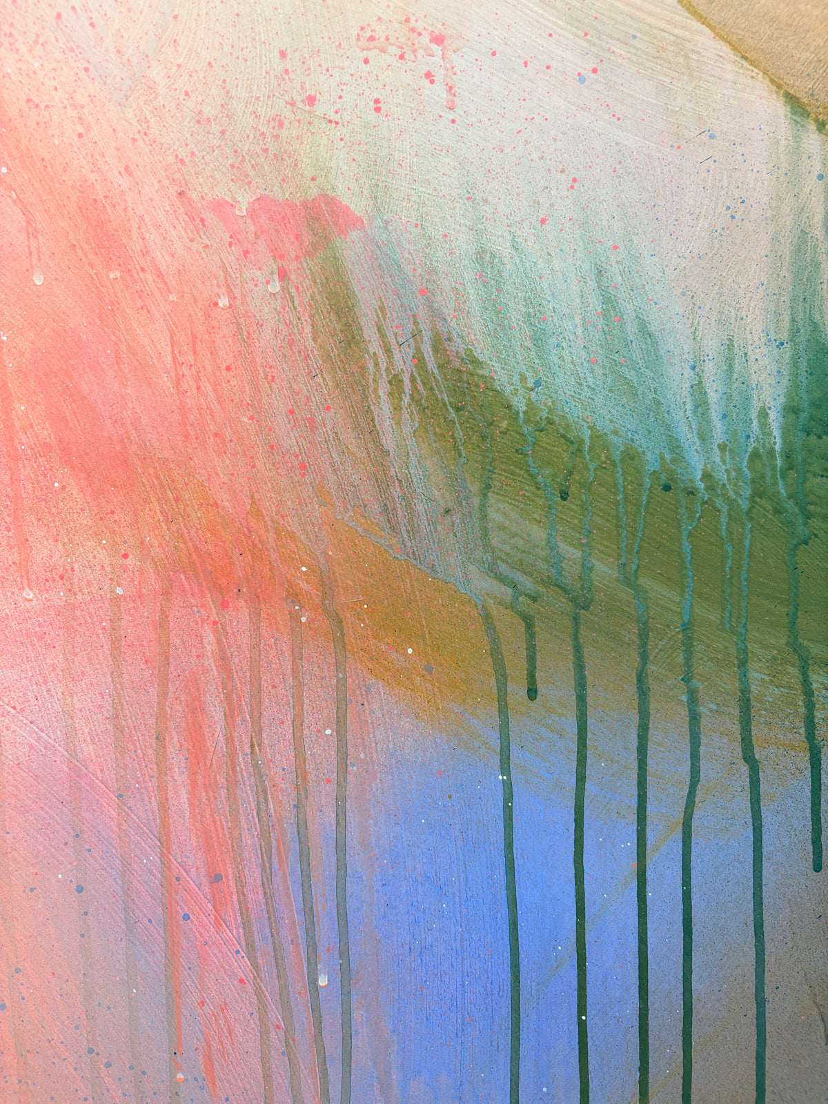Count Your Blessings“ by Kate Mayer: Pink, green, blue drips on plywood with handmade metal float frame.
