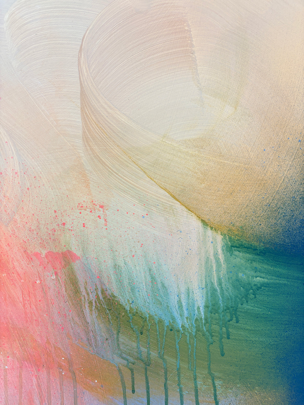 Count Your Blessings by Kate Mayer: pastel swirls, pink splatters & blue-green drips on acrylic with metal frame.