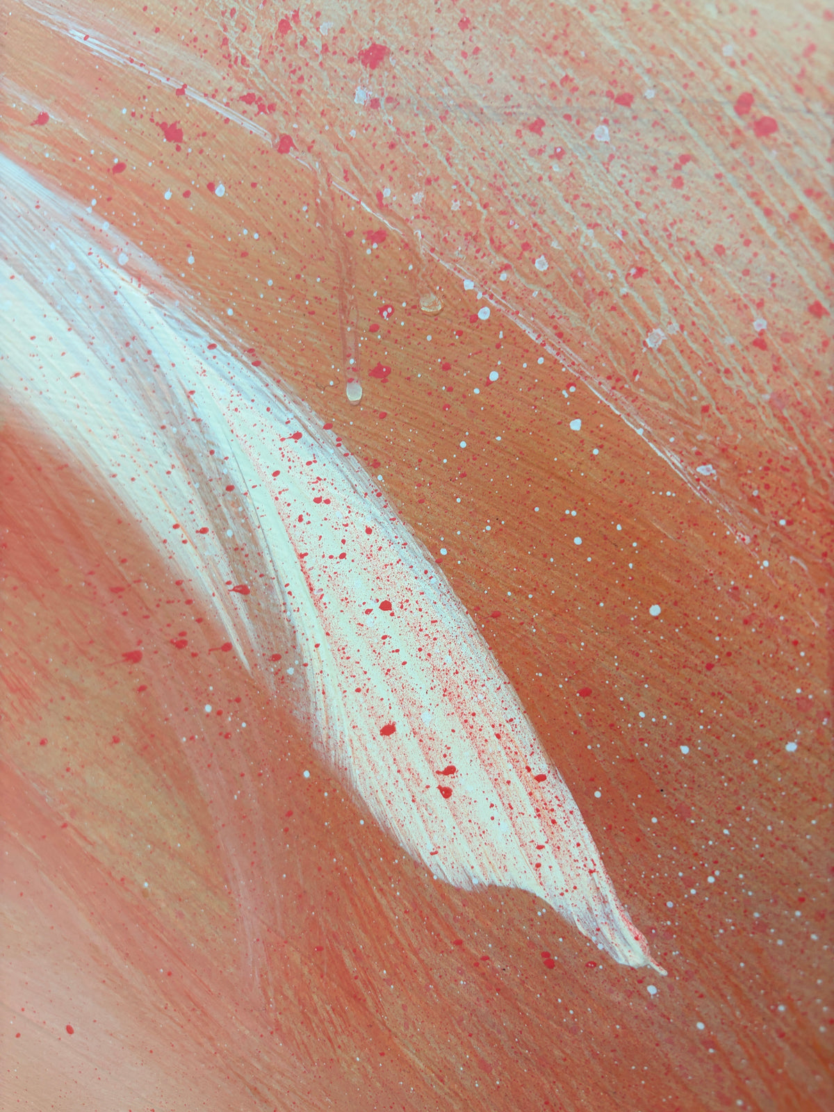 Count Your Blessings“ by Kate Mayer: Abstract orange acrylic on plywood with red, white splatters & textured strokes.