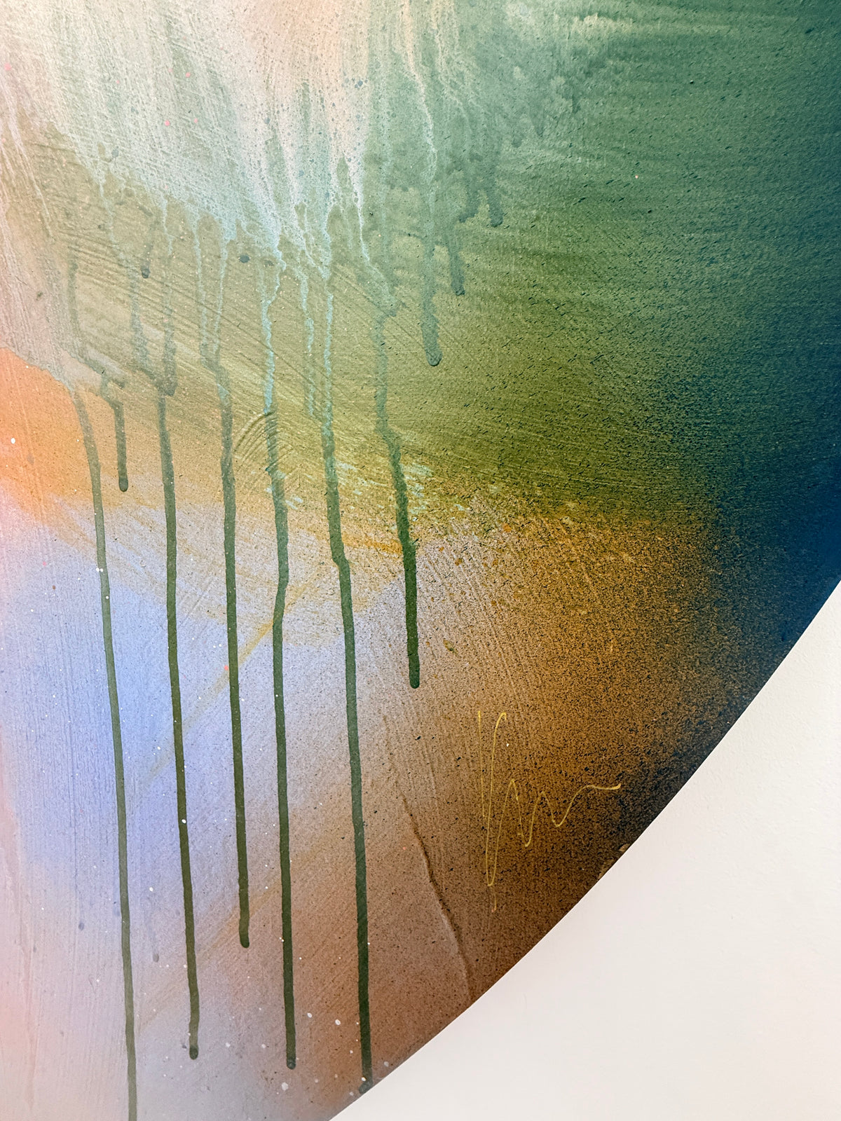 Count Your Blessings by Kate Mayer: green & brown drips over blue-orange, acrylic on plywood in metal float frame.