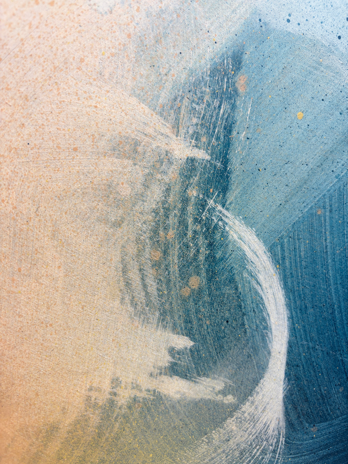 Total Praise by Kate Mayer: Abstract acrylic on plywood, blue & peach swirls, in handmade metal float frame.