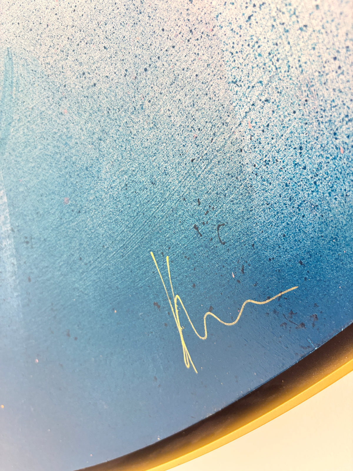 Total Praise“ by Kate Mayer: blue abstract acrylic on plywood with yellow signature and curved border.