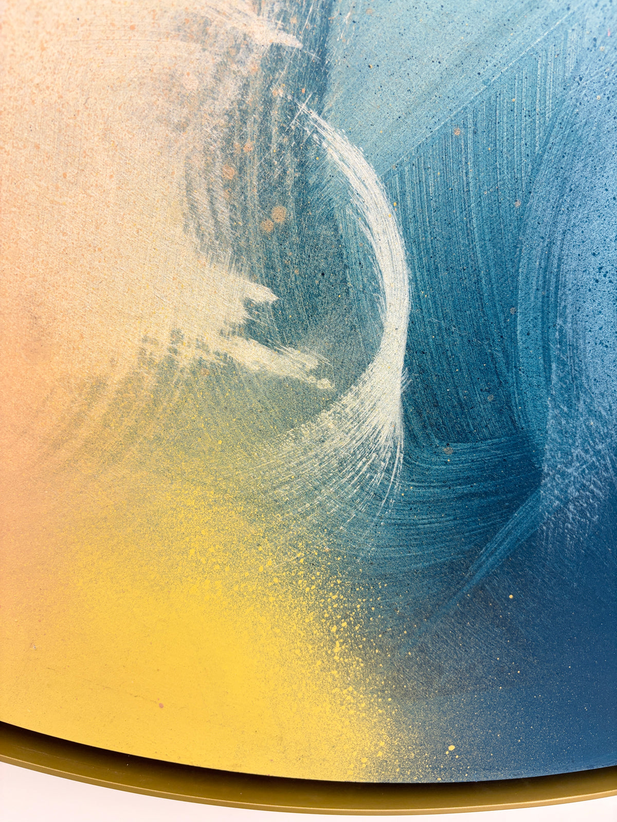 Total Praise“ by Kate Mayer: acrylic abstract on plywood, swirls of blue, white, yellow & peach for modern texture.