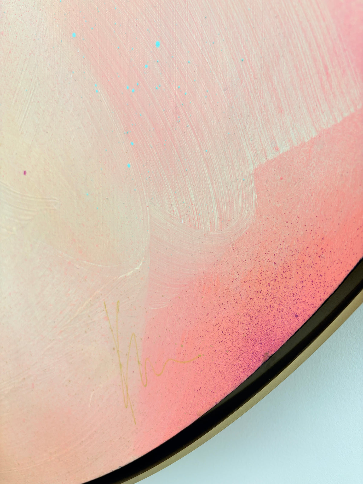 Close-up of “The Afterglow of Connection” by Kate Mayer, acrylic on plywood with turquoise dots and subtle signature.