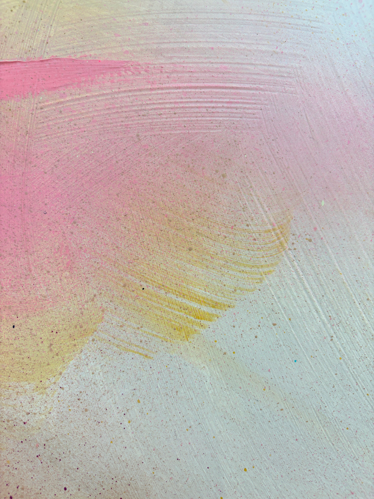 Pastel pink and yellow blend on textured white in “The Afterglow of Connection” by Kate Mayer.