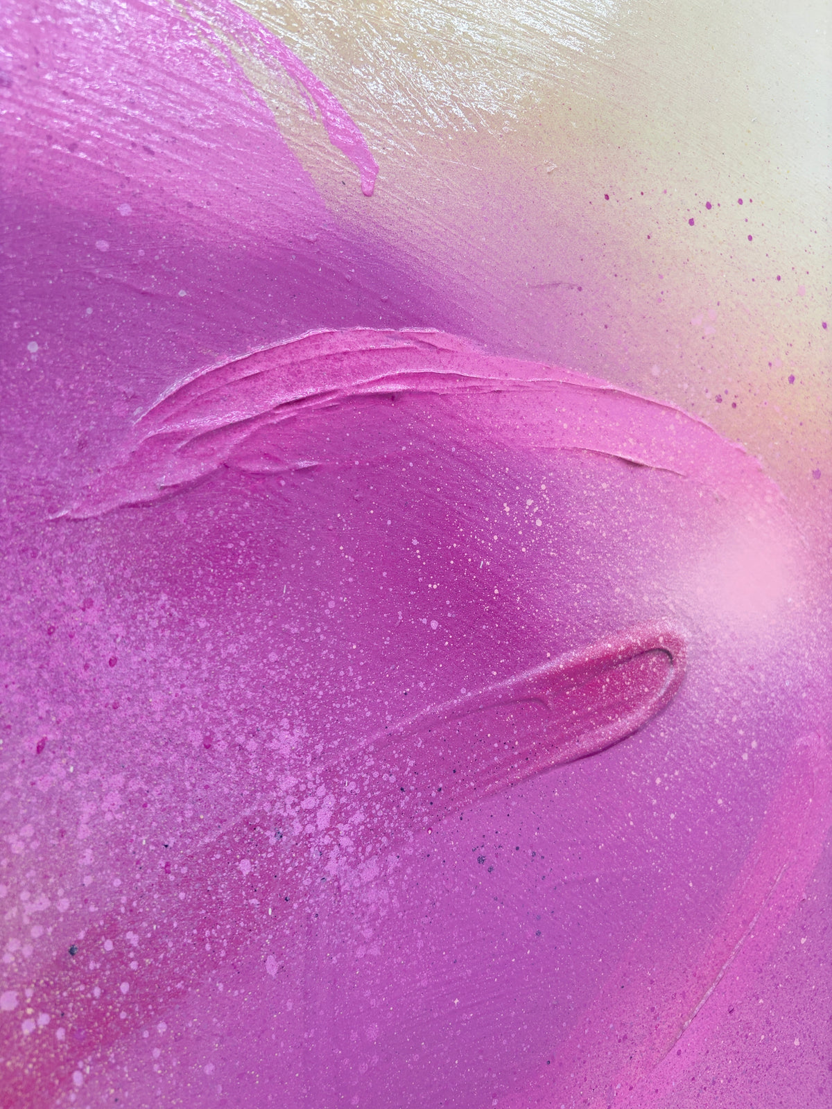 Afterglow by Kate Mayer: Abstract pink and purple acrylic canvas art with sweeping strokes and speckled details.
