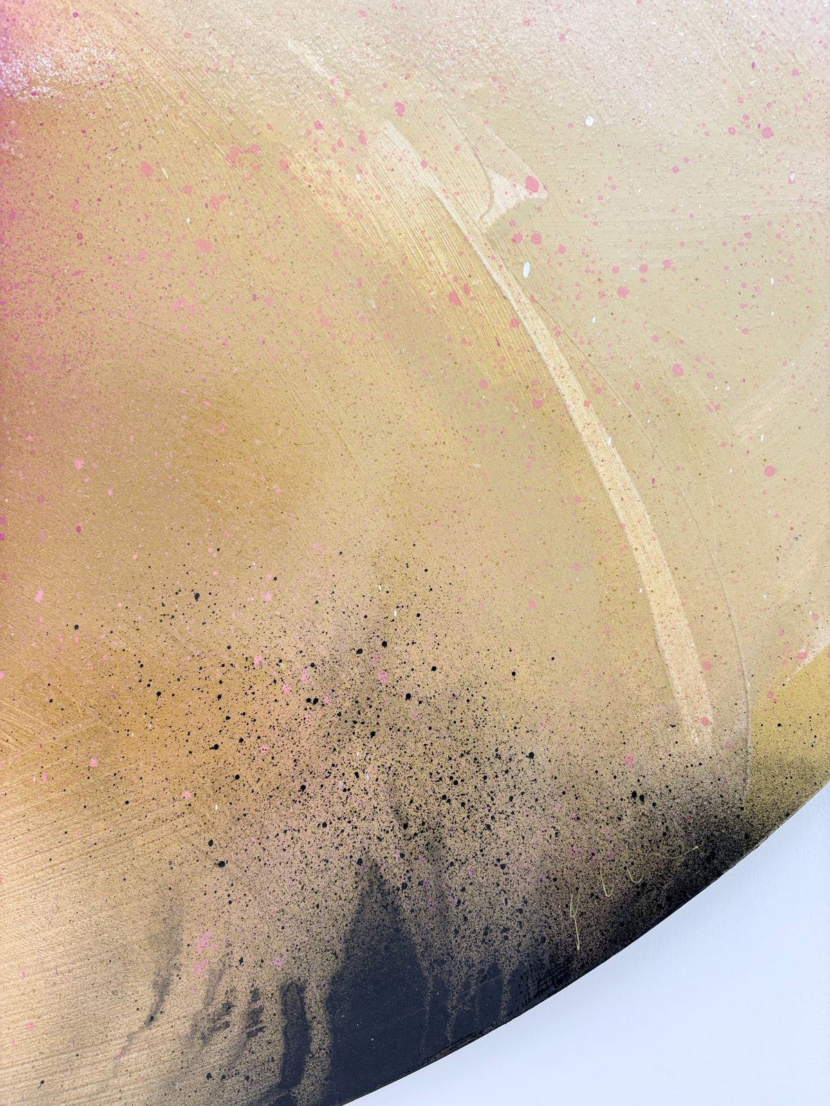 Afterglow“ by Kate Mayer: abstract acrylic art in gold, pink, and black with sweeping strokes and splattered details.
