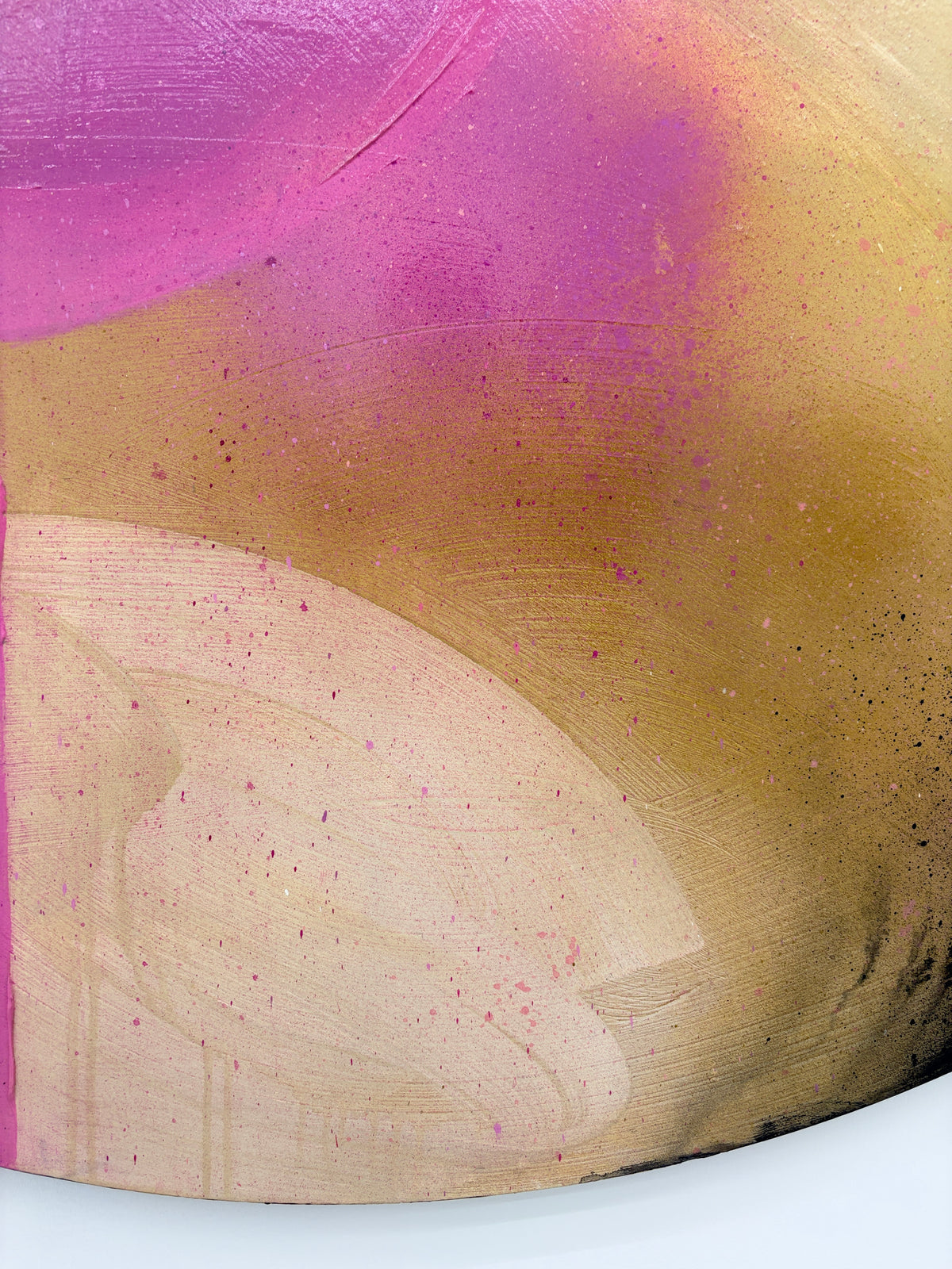 Afterglow“ by Kate Mayer: acrylic art with pink, gold, cream & black curves, soft gradients & paint splatters.