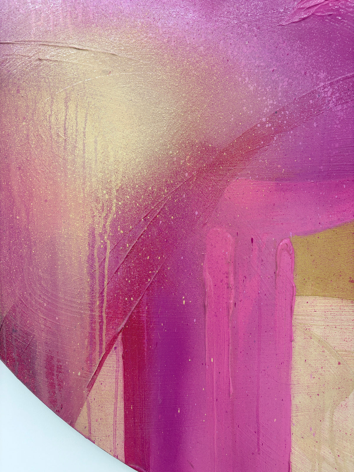 Afterglow“ by Kate Mayer: an abstract acrylic painting with blended pink, gold, and purple hues flowing across the canvas.