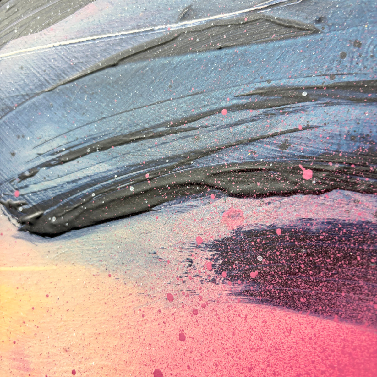 Looking For You“ by Kate Mayer: acrylic on plywood, bold gray strokes & splatters, handmade metal float frame.
